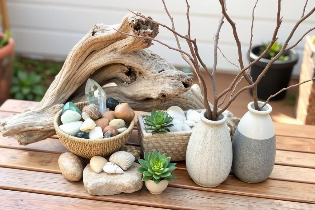 Collection of natural elements and found objects as boho patio decor
