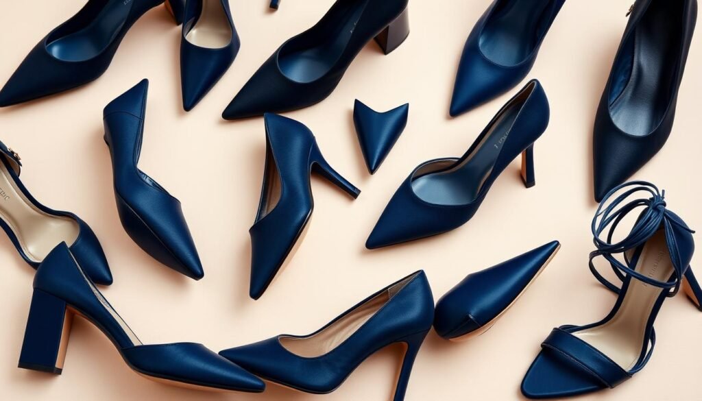 Collection of navy blue heels in different styles from pumps to strappy sandals