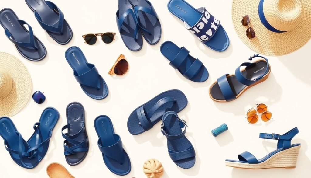 Collection of navy blue sandals in various styles from casual to dressy arranged with summer accessories