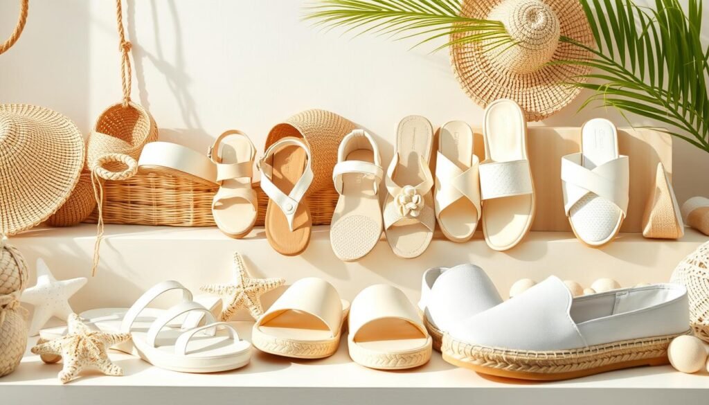 Collection of off white summer footwear including sandals and espadrilles
