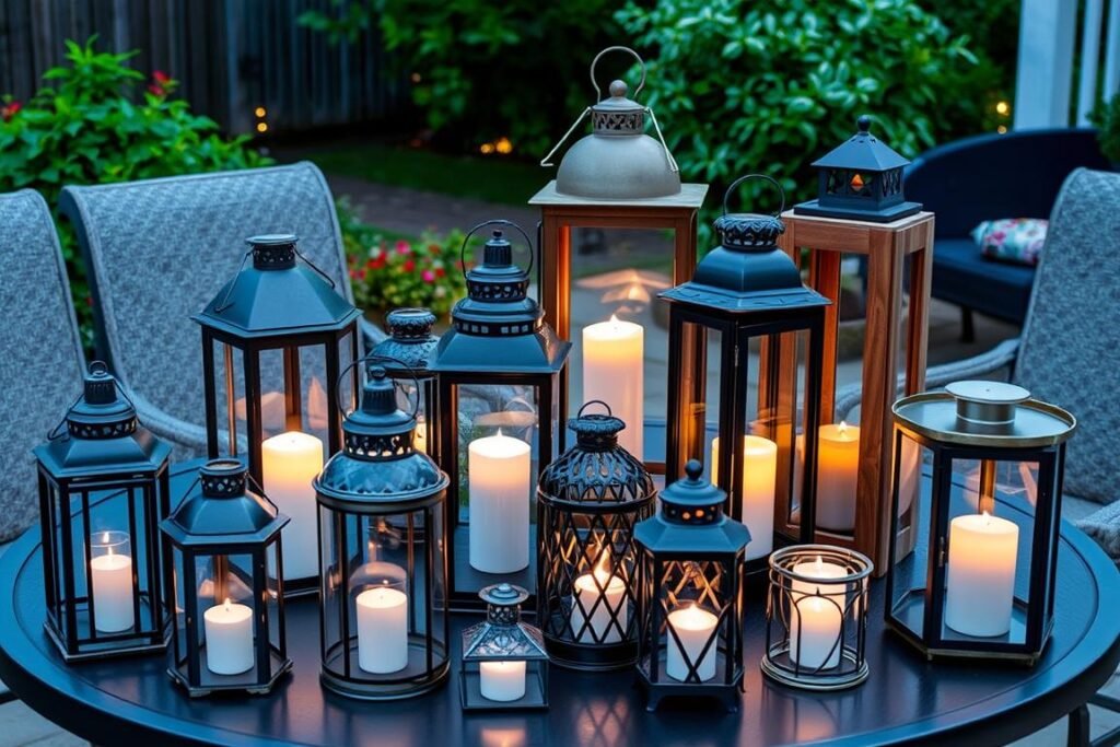 Collection of outdoor lanterns and candle holders for patio ambiance