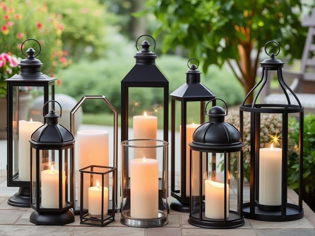 Collection of outdoor lanterns creating ambient lighting on a patio