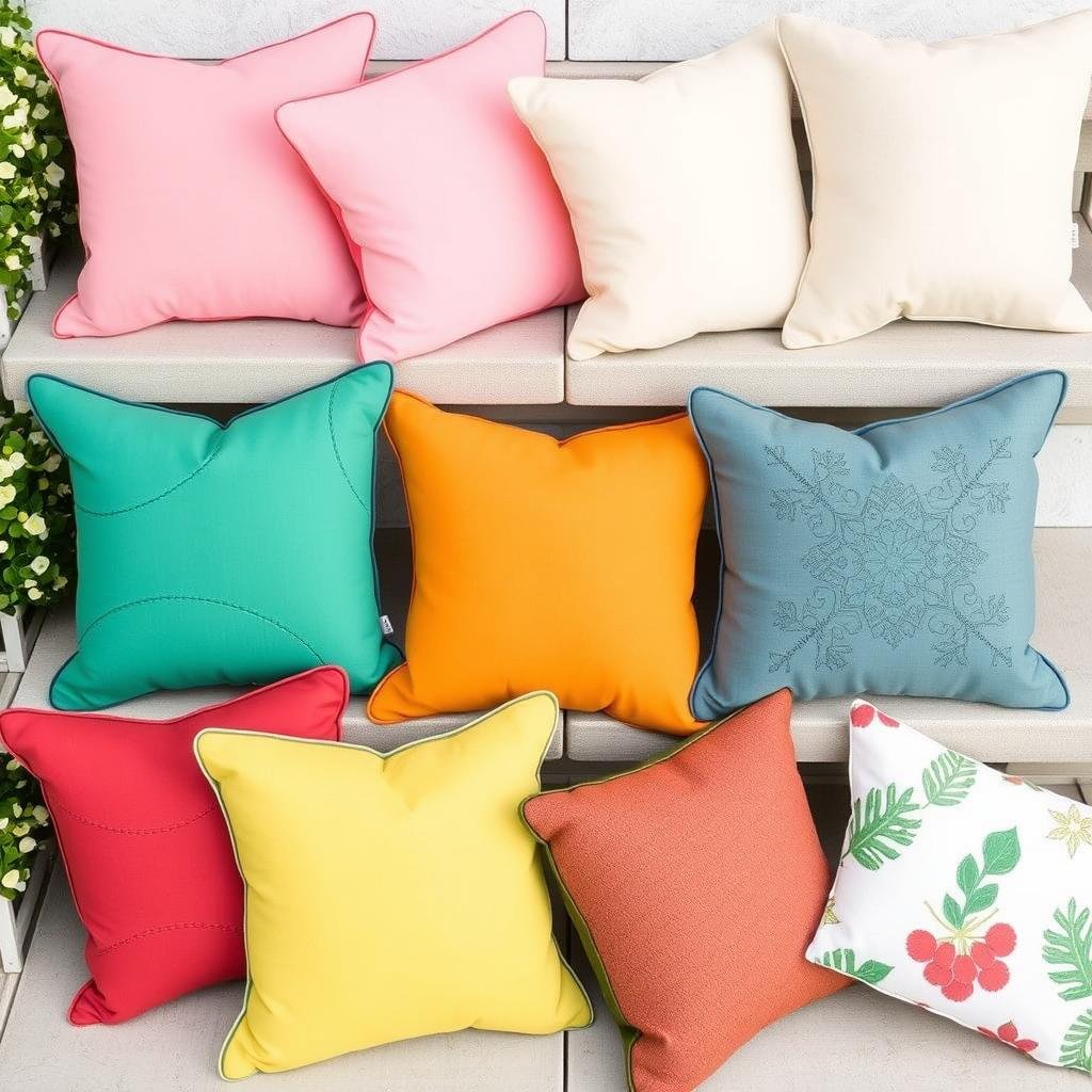 Collection of outdoor pillows in different seasonal color schemes