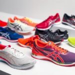Collection of popular ASICS shoes displayed in a stylish arrangement showing various models and colors