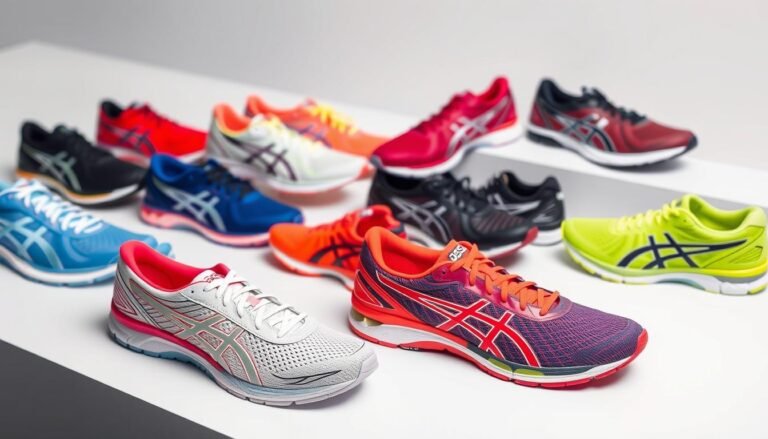 Collection of popular ASICS shoes displayed in a stylish arrangement showing various models and colors
