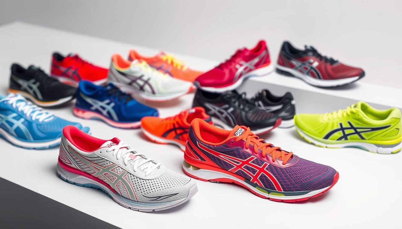 Collection of popular ASICS shoes displayed in a stylish arrangement showing various models and colors