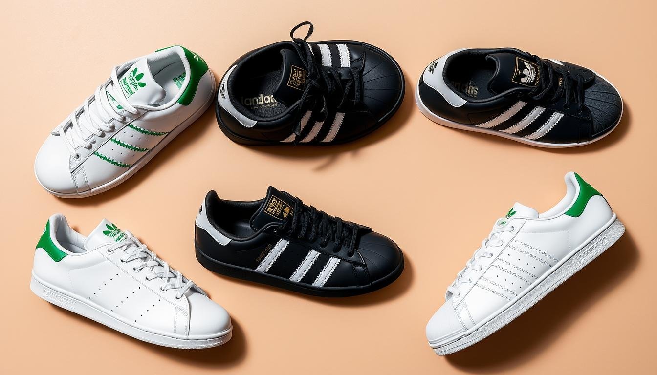 Collection of popular Adidas shoe styles including Sambas, Stan Smiths, and Superstars arranged on a neutral background