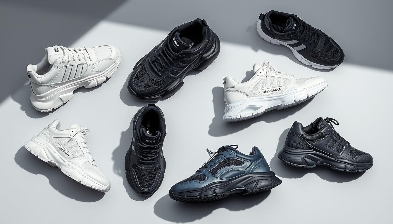 Collection of popular Balenciaga shoes including Triple S, Speed Trainer, and Track models