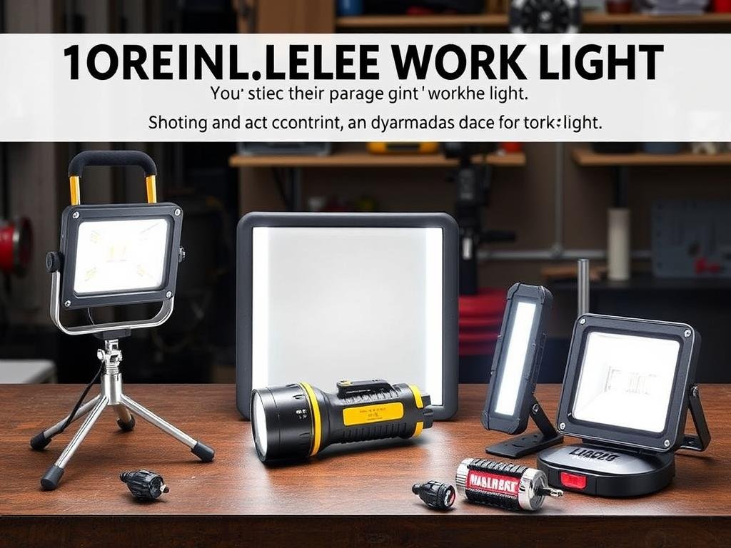 Collection of portable LED work lights for garage use