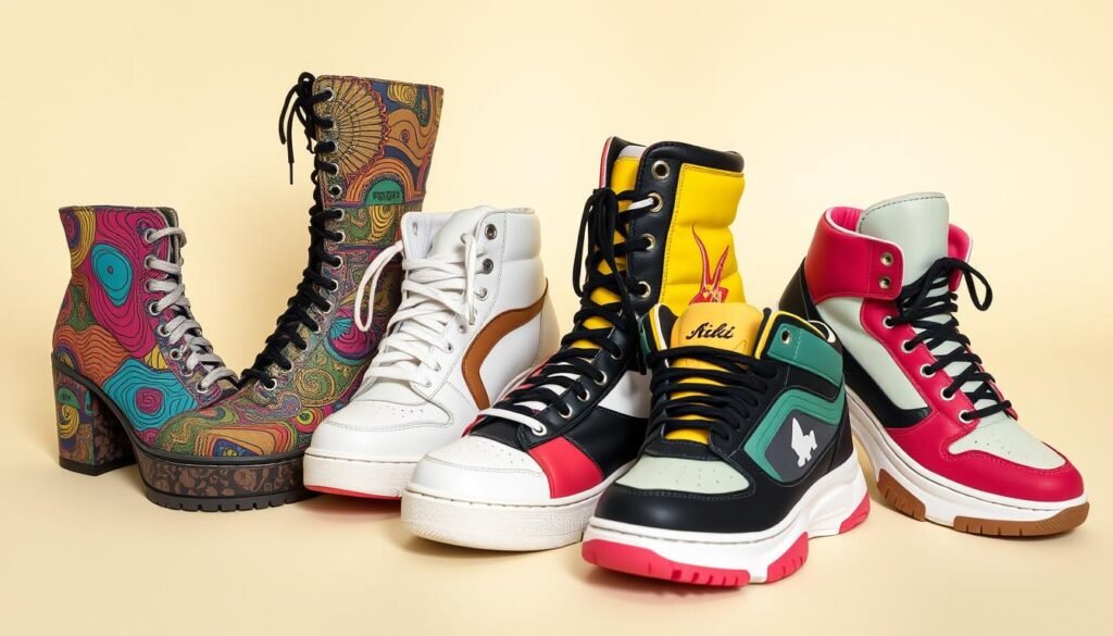 Collection of retro-inspired funky shoes including 70s platforms, 80s neon high tops, and 90s chunky sneakers