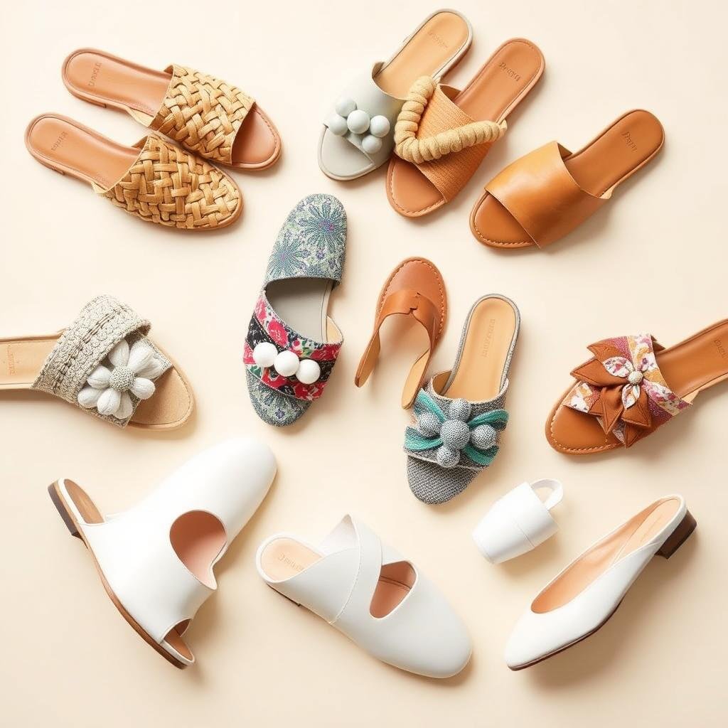 Collection of stylish summer mules in various colors and textures Collection of stylish summer mules in various colors and textures