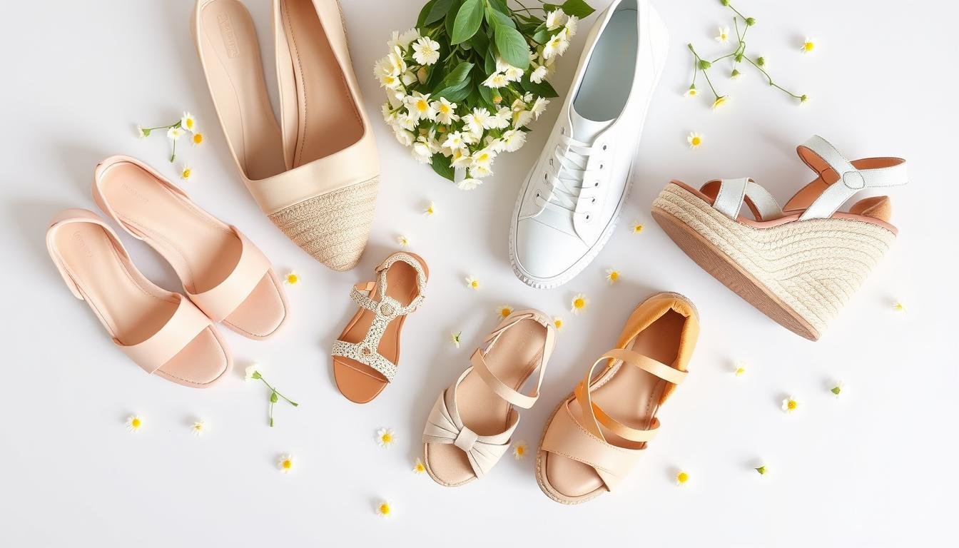 Collection of trending spring shoes including colorful flats, sandals, and sneakers arranged on a light pastel background