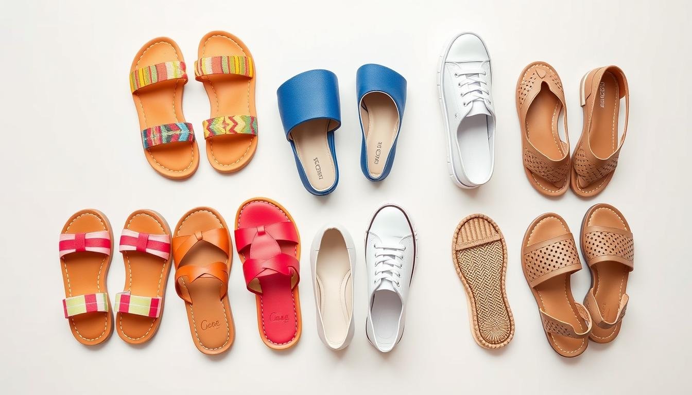 Collection of trendy summer shoes including sandals, espadrilles, and canvas sneakers