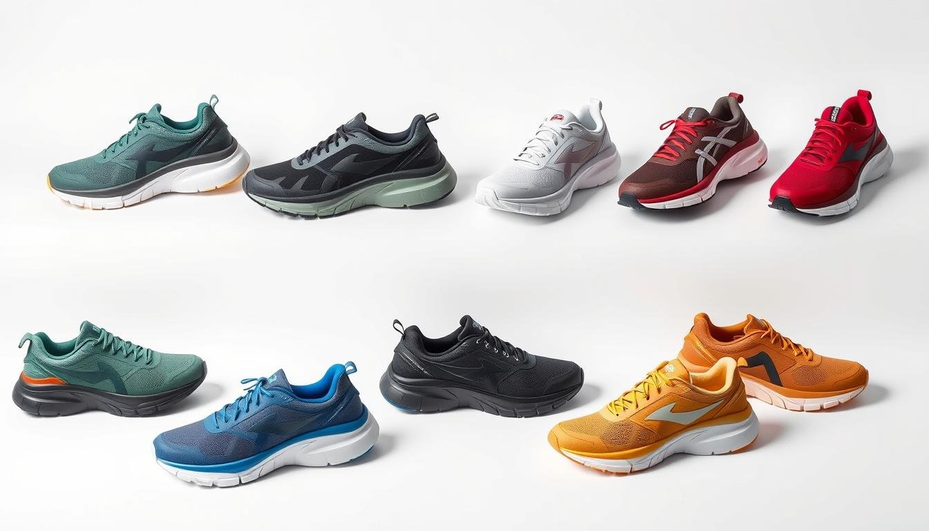 Collection of various Hoka shoe models displayed on a clean white background, showcasing their distinctive thick midsoles and vibrant color options