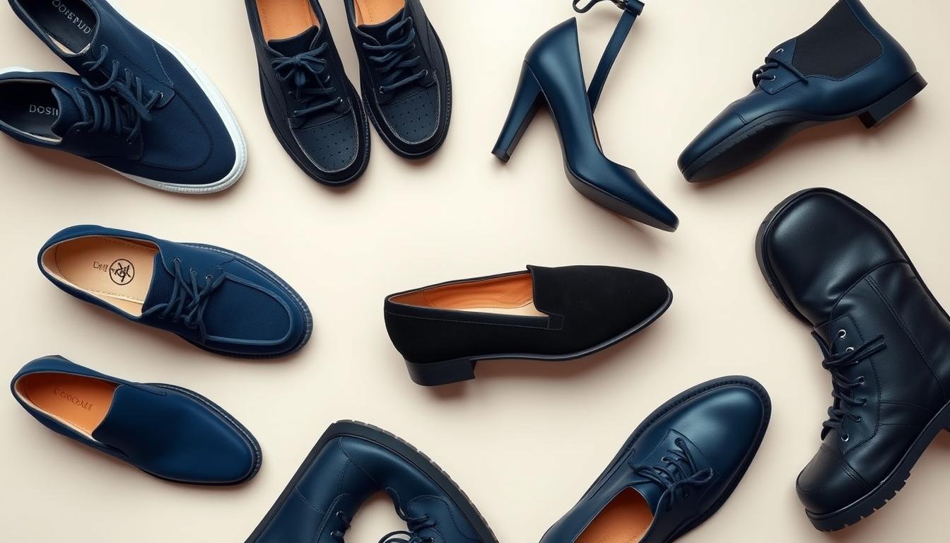 Collection of various navy blue shoes including sneakers, heels, loafers, and boots arranged on a light background