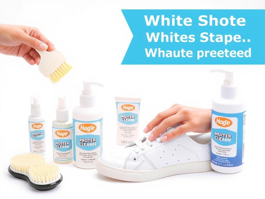 Collection of white shoe cleaning products and a person cleaning white sneakers
