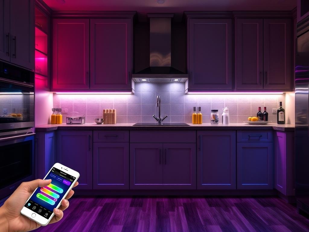 Color-changing LED strips creating mood lighting in kitchen