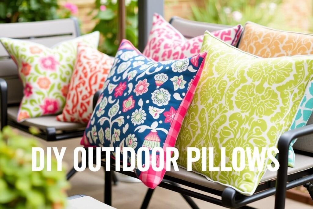 Colorful DIY outdoor pillows and cushions on budget patio furniture