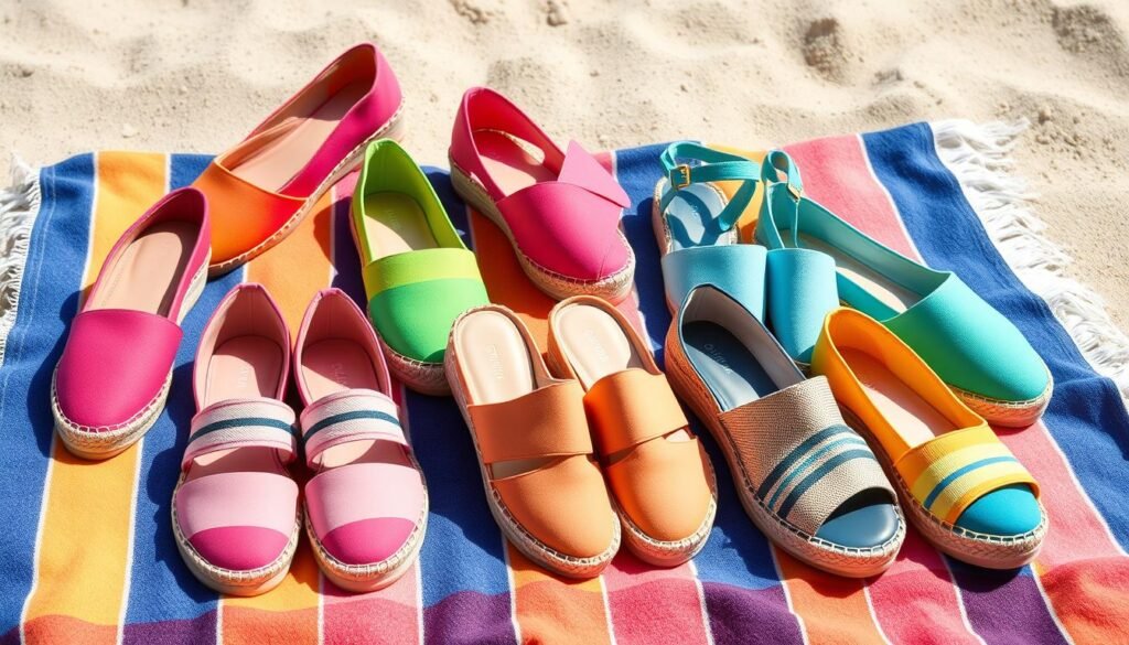 Colorful espadrilles arranged on a beach towel