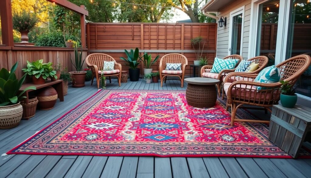 Colorful kilim outdoor rug on a boho patio with furniture