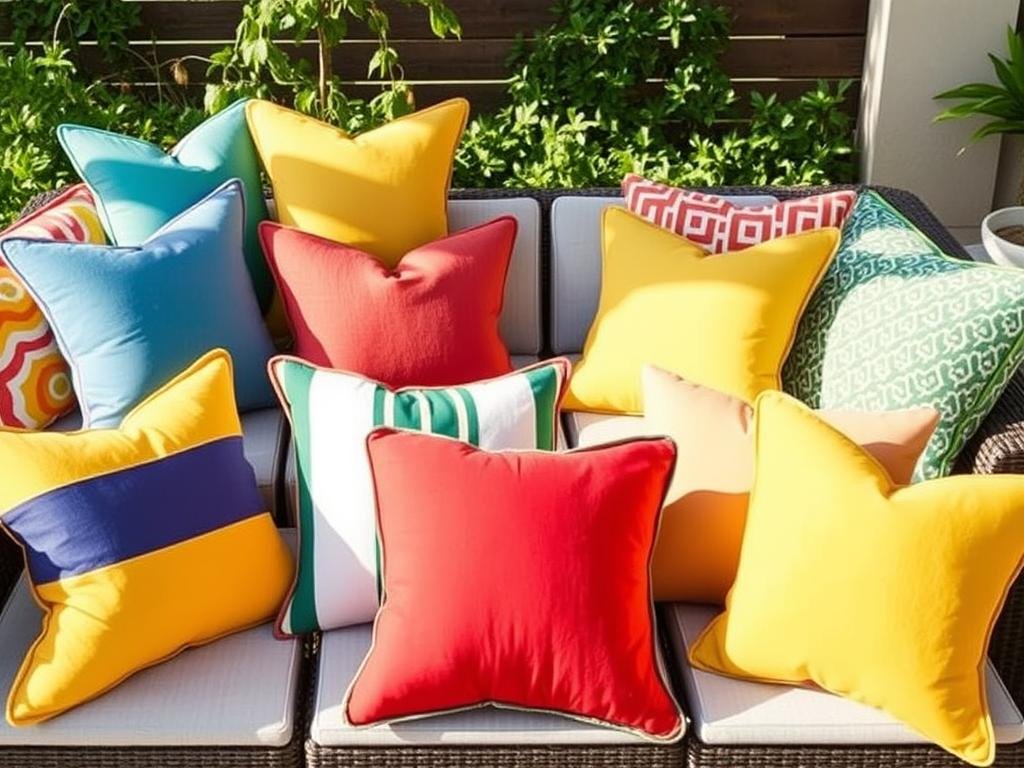 Colorful outdoor pillows and cushions on patio furniture adding comfort and style