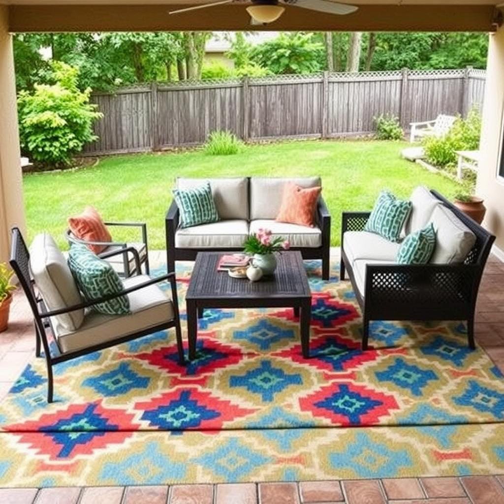 Colorful outdoor rug defining a seating area on a backyard patio