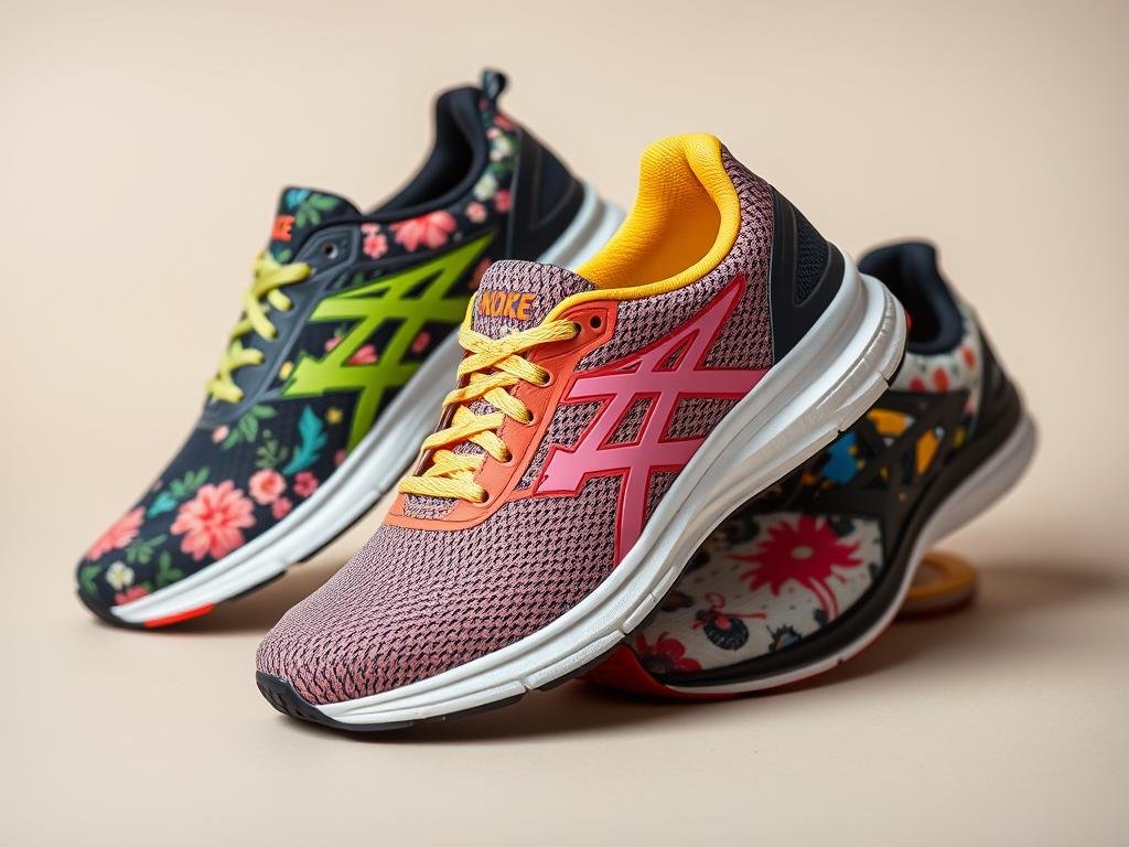 Colorful patterned running shoes with floral and geometric designs