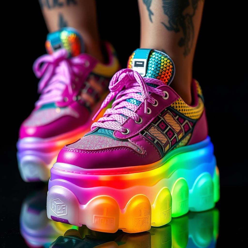 Colorful platform sneakers with rainbow soles and funky patterns, perfect for making a bold fashion statement
