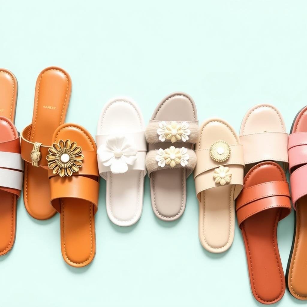 Colorful slide sandals arranged in a row showing different summer styles Colorful slide sandals arranged in a row showing different summer styles