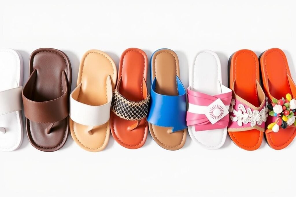 Colorful summer slide sandals arranged in a row