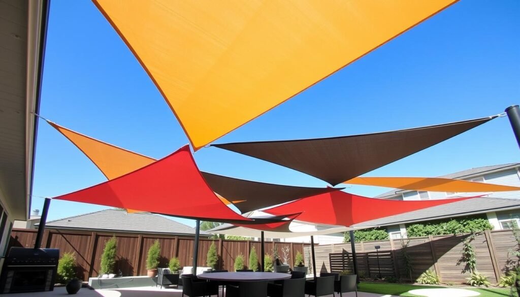 Colorful triangular shade sails installed over a patio seating area, creating dynamic shadows