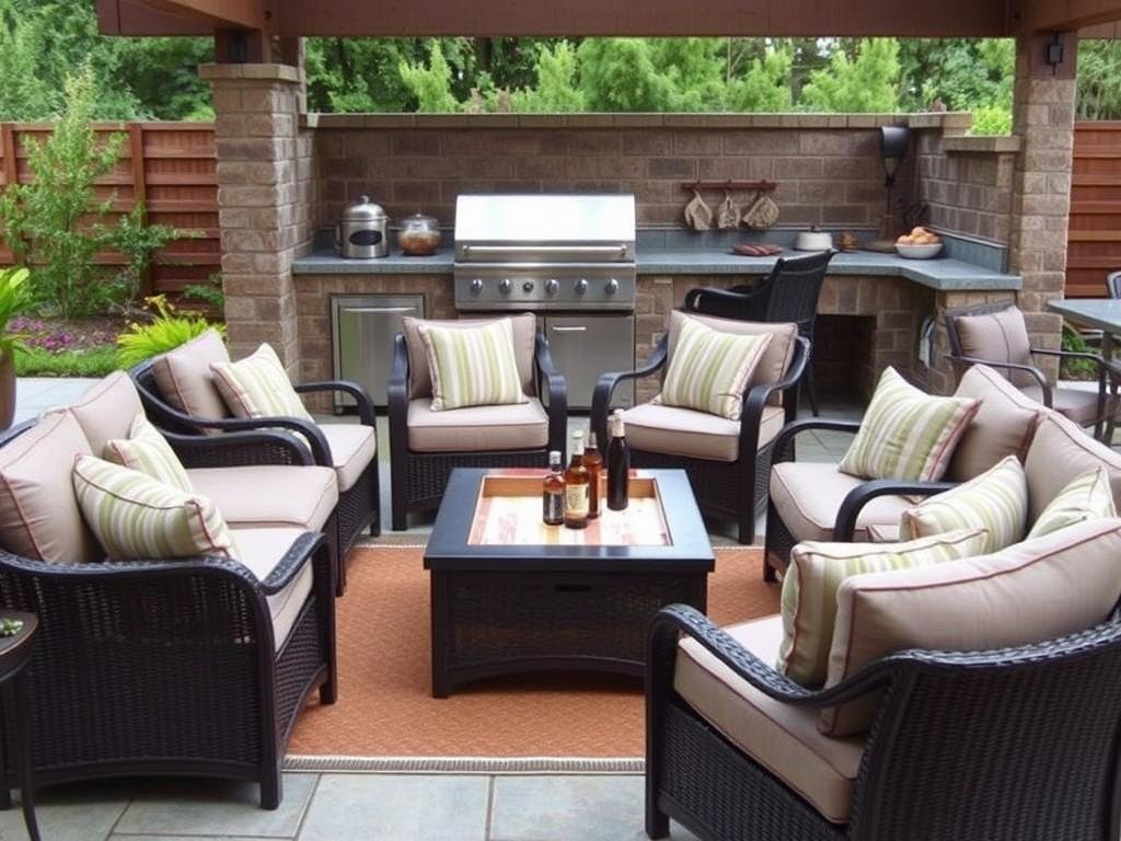 Comfortable lounge seating area adjacent to outdoor grill station
