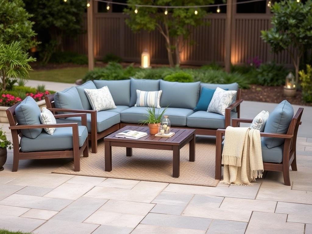 Comfortable outdoor conversation set with sofa, chairs and coffee table on a patio