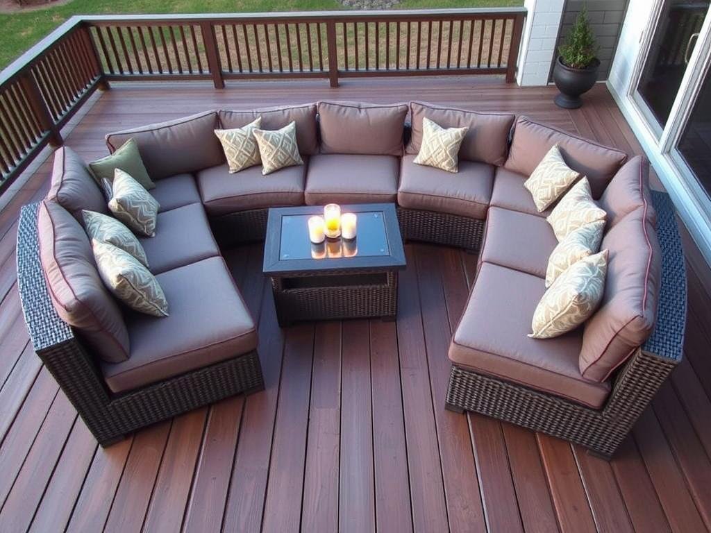 Comfortable outdoor sectional sofa with cushions and coffee table on a deck