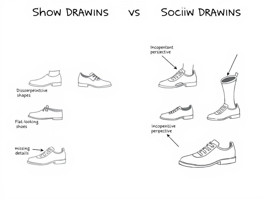 Comparison of common shoe drawing mistakes versus correct techniques