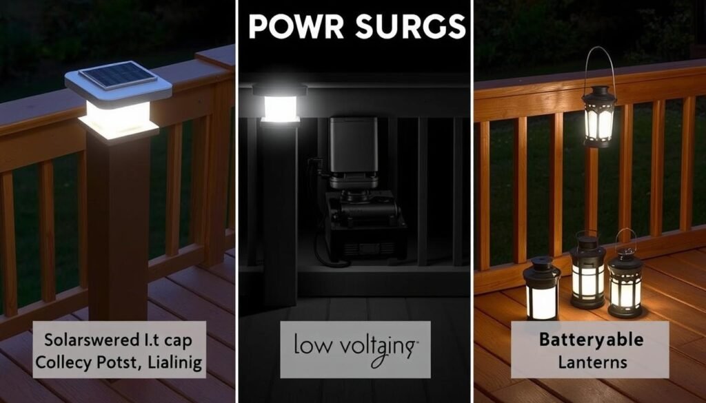 Comparison of different deck lighting power sources showing solar, low-voltage and battery options Comparison of different deck lighting power sources showing solar, low-voltage and battery options