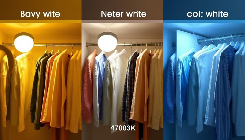 Comparison of different light color temperatures in closet settings from warm to cool