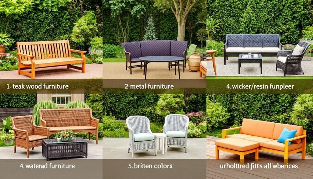 Comparison of different outdoor patio furniture materials showing wood, metal, wicker, and plastic options in a garden setting