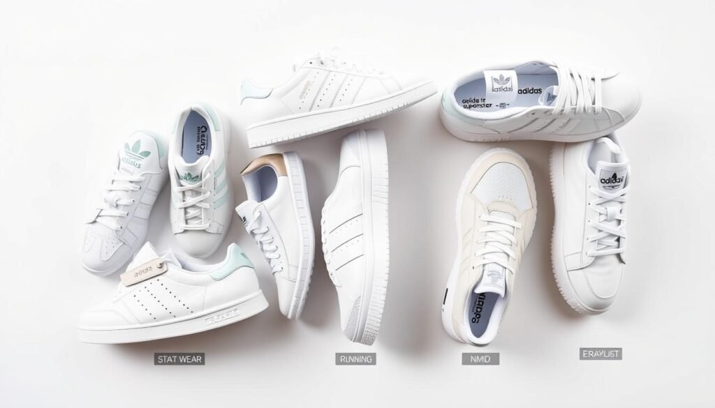 Comparison of different white Adidas shoe models for various activities and style preferences, showing variety of white adidas shoes