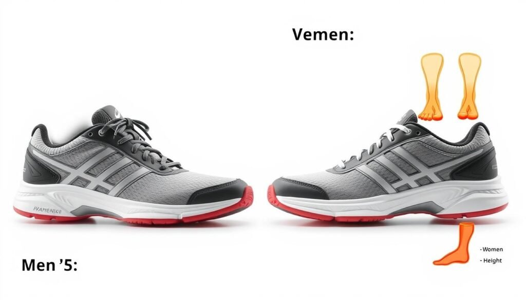 Comparison of men's and women's tennis shoe designs showing structural differences