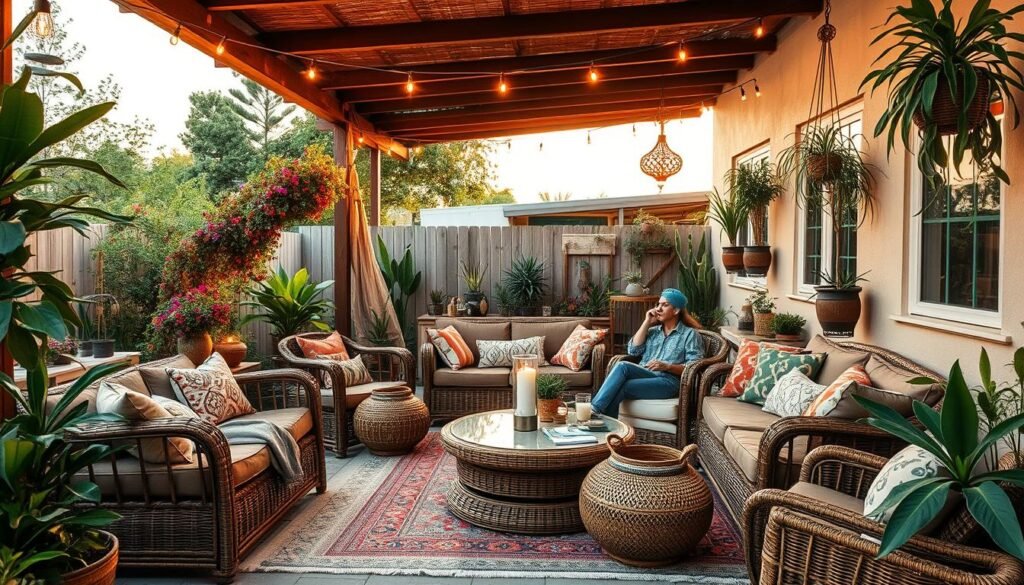 Complete boho outdoor patio with all elements beautifully arranged