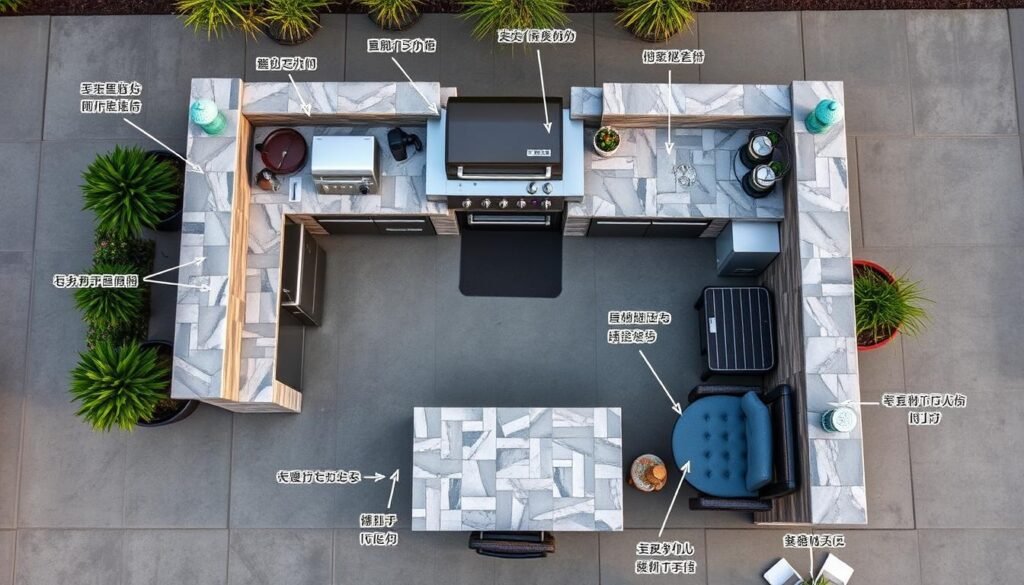 Complete outdoor grill küche with all essential components labeled