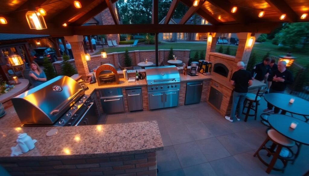 Complete outdoor grill station with multiple cooking appliances and bar seating