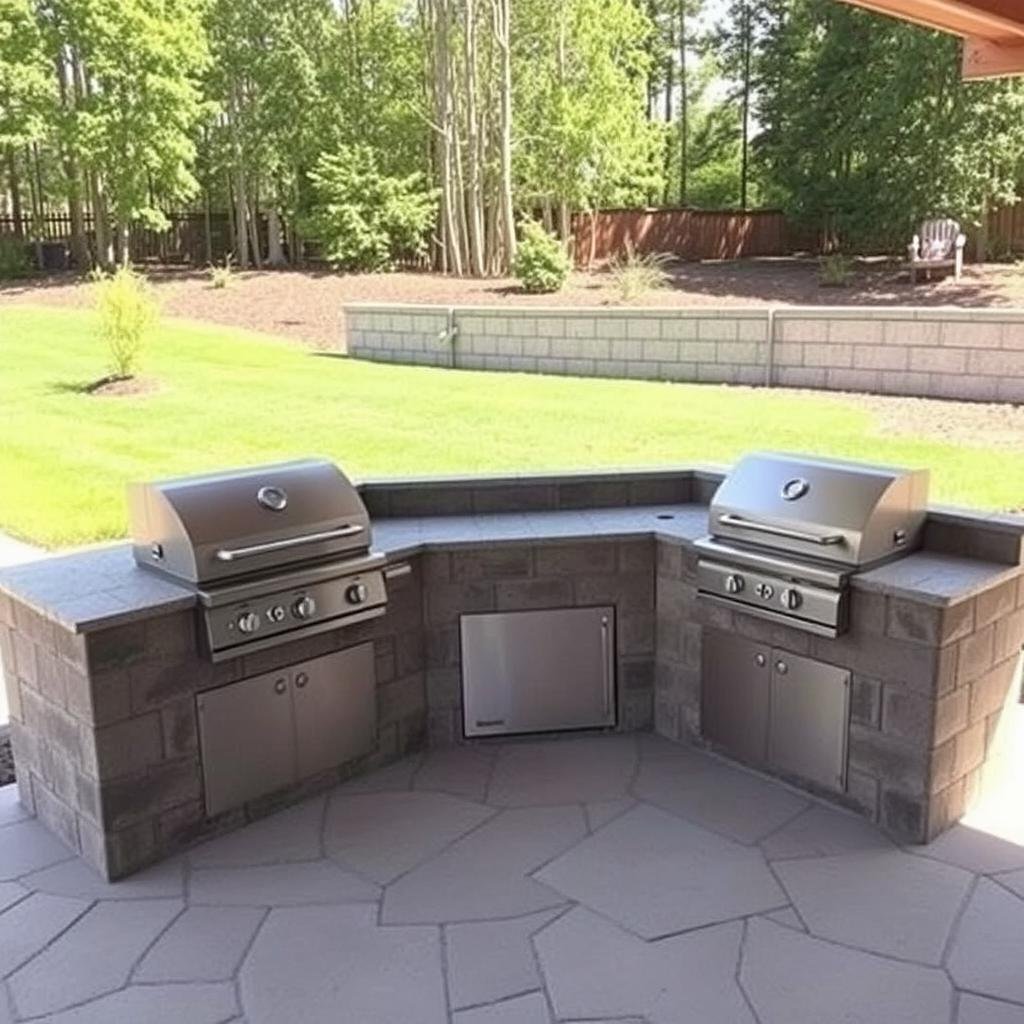 Comprehensive outdoor kitchen built with concrete blocks and multiple cooking surfaces