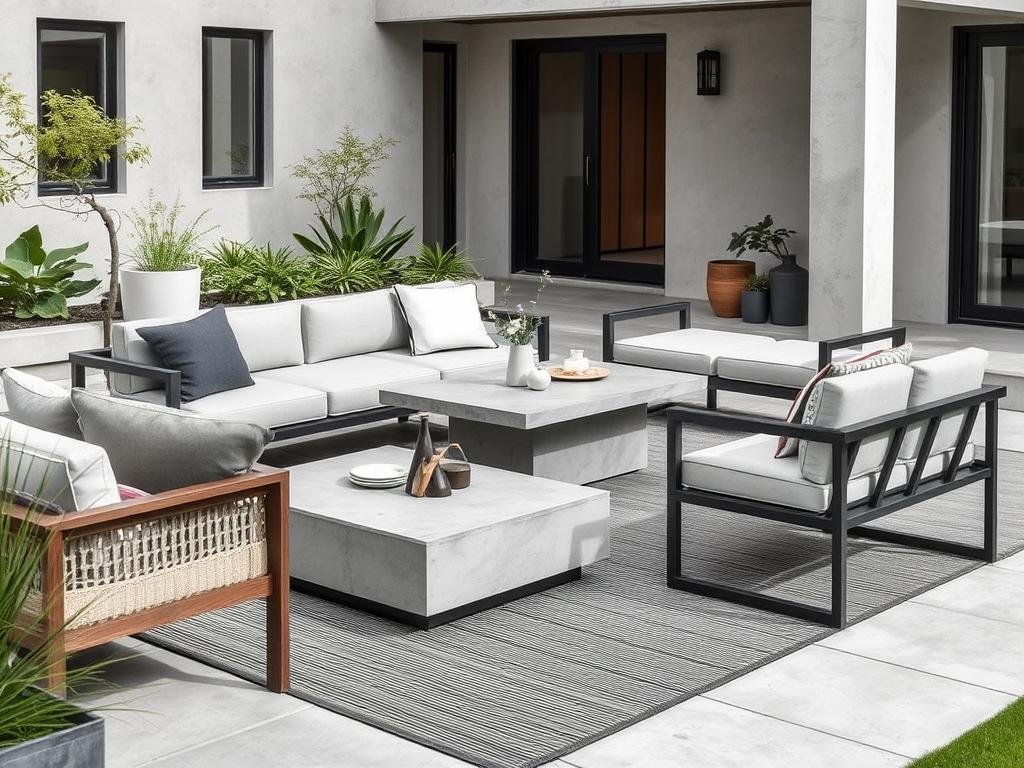 Concrete and composite outdoor furniture pieces in a modern garden setting