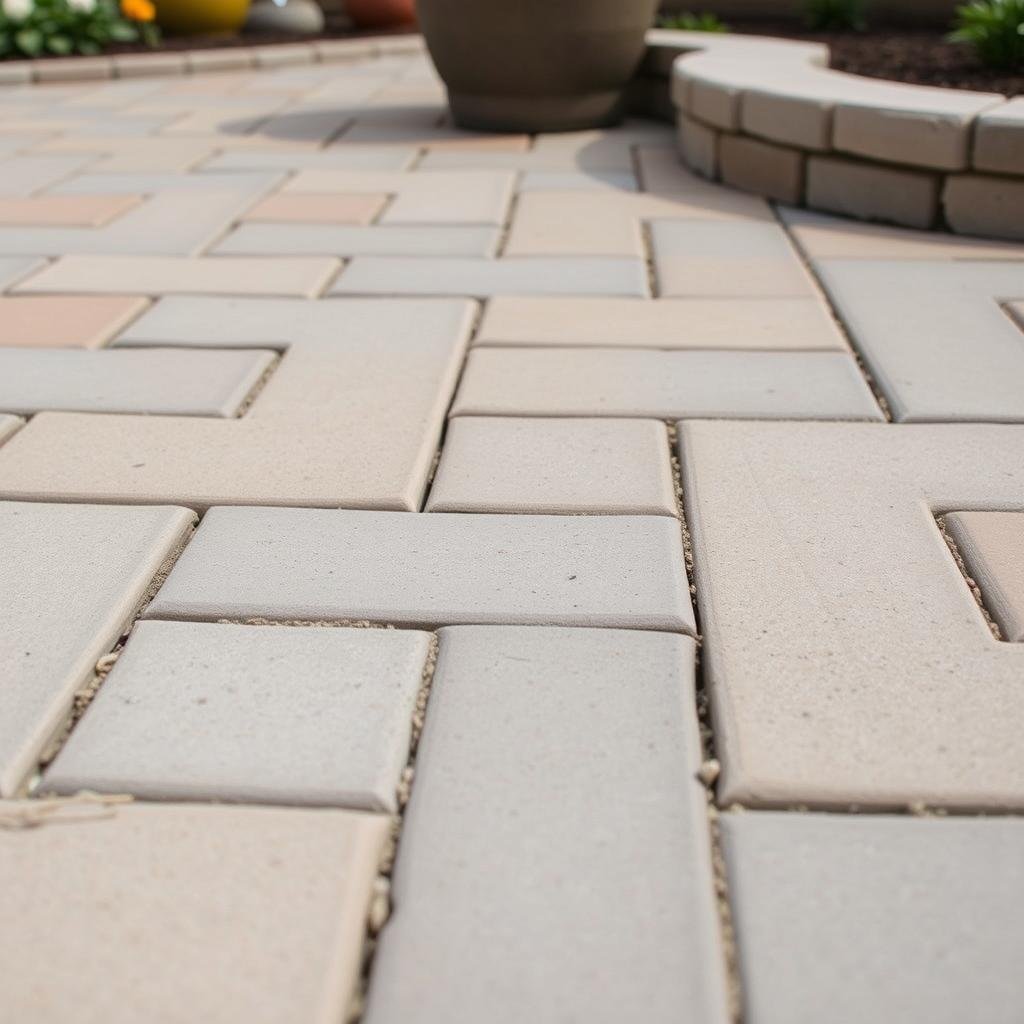 Concrete paver patio with a geometric pattern and clean lines