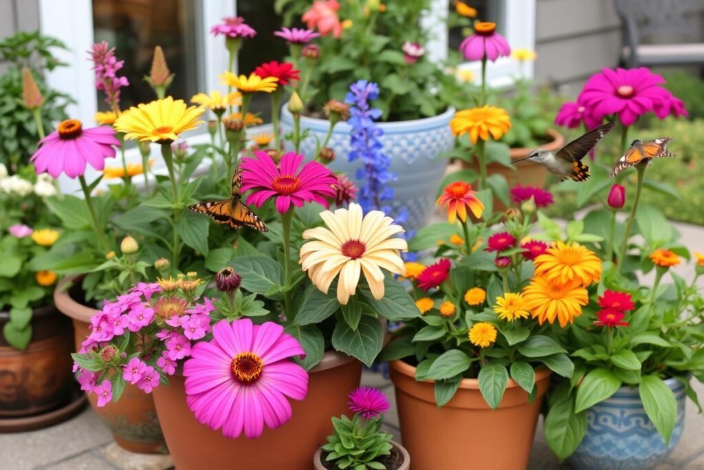 Container garden with flowering plants that attract butterflies and hummingbirds