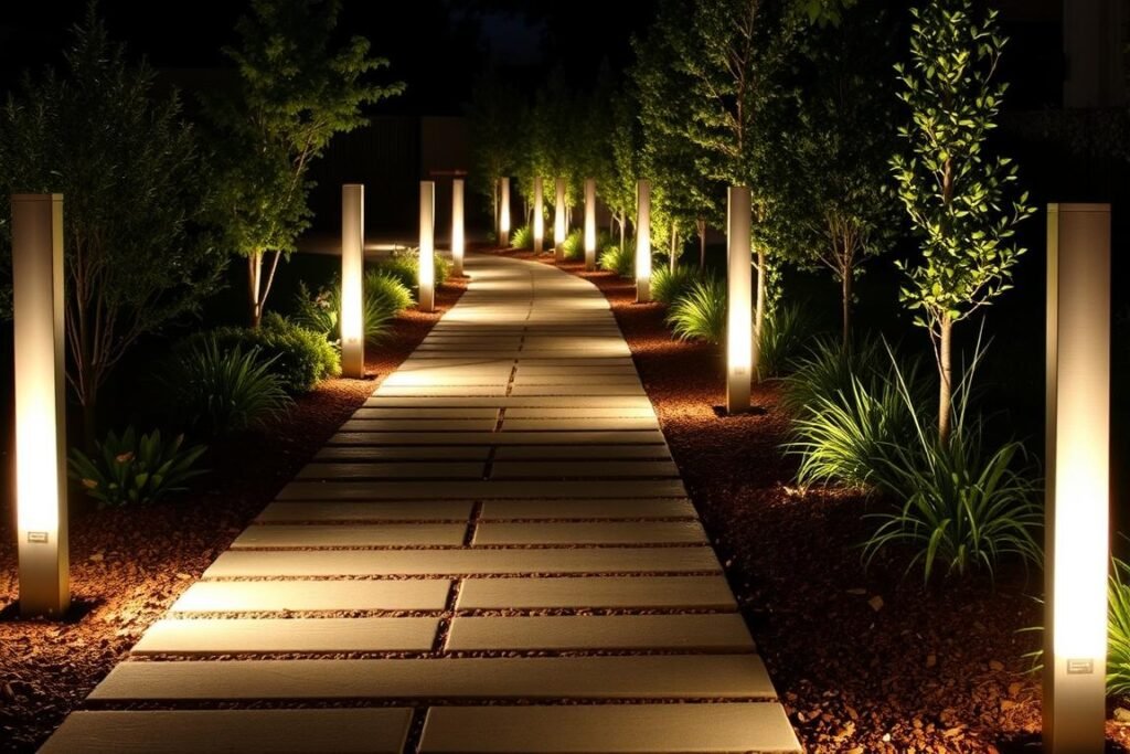 Contemporary garden path with modern bollard lights providing downward illumination