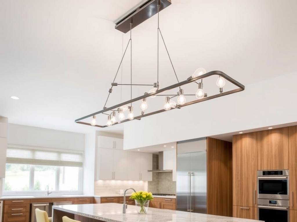 Contemporary linear chandelier over kitchen island