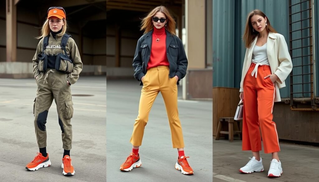 Contemporary outfit combinations showcasing Balenciaga Track sneakers